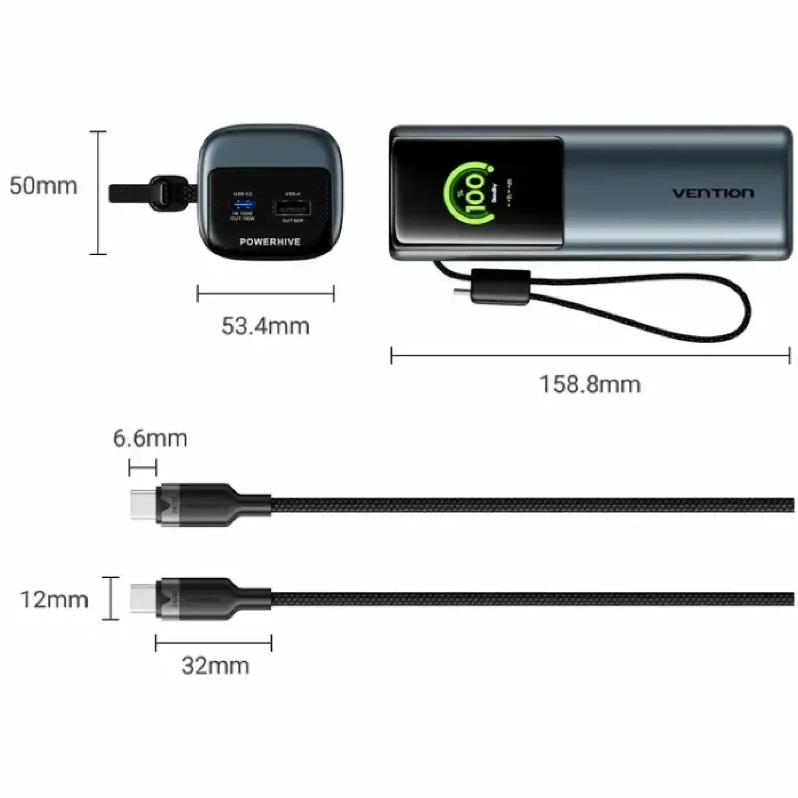 Зовнішній акумулятор Vention 27000mAh 200W PD3.1, USB-A, USB-C In/Out, with Built-in USB-C Cable, TFT Display, Gray (FKGH0) UA