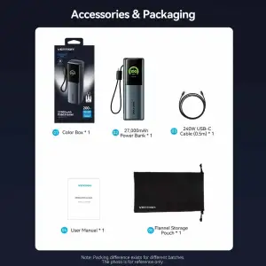 Зовнішній акумулятор Vention 27000mAh 200W PD3.1, USB-A, USB-C In/Out, with Built-in USB-C Cable, TFT Display, Gray (FKGH0) UA