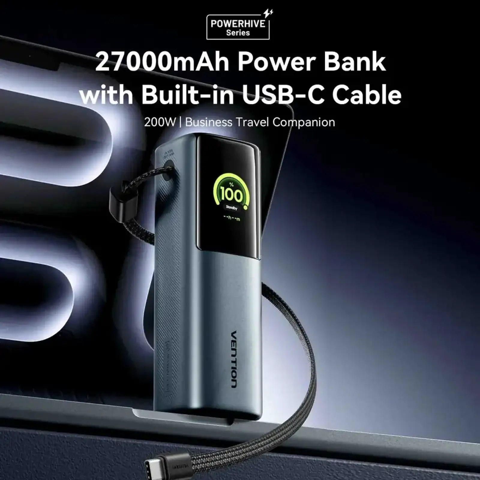 Зовнішній акумулятор Vention 27000mAh 200W PD3.1, USB-A, USB-C In/Out, with Built-in USB-C Cable, TFT Display, Gray (FKGH0) UA