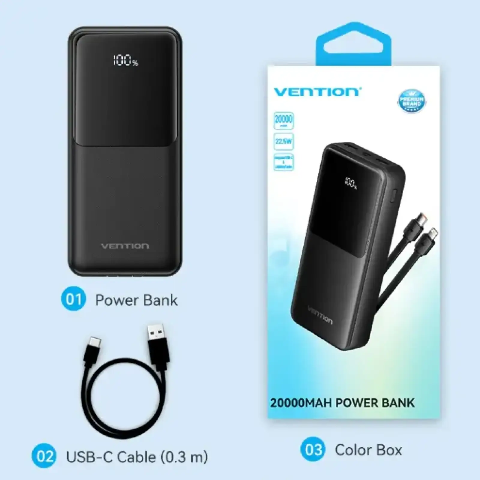 Зовнішній акумулятор Vention 20000mAh 22.5W PD, Micro-USB/USB-C/2xUSB-A, built-in USB-C+Lightning Cables Black (FHPB0) UA
