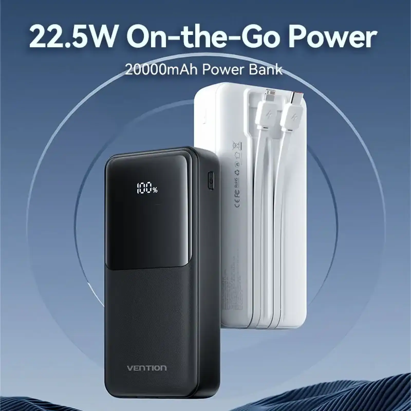 Зовнішній акумулятор Vention 20000mAh 22.5W PD, Micro-USB/USB-C/2xUSB-A, built-in USB-C+Lightning Cables Black (FHPB0) UA