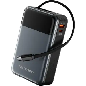 Зовнішній акумулятор Vention 20000mAh 65W PD,QC3.0,USB-A,1хUSB-C In/Out, with Built-in USB-C Cable, LED Display,Black (FHYB0) UA