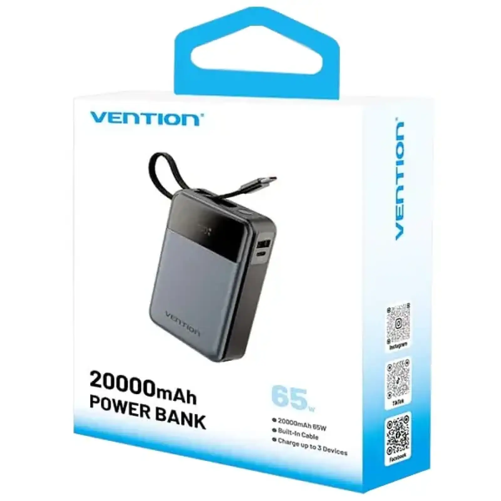 Зовнішній акумулятор Vention 20000mAh 65W PD,QC3.0,USB-A,1хUSB-C In/Out, with Built-in USB-C Cable, LED Display,Black (FHYB0) UA