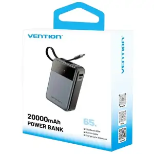 Зовнішній акумулятор Vention 20000mAh 65W PD,QC3.0,USB-A,1хUSB-C In/Out, with Built-in USB-C Cable, LED Display,Black (FHYB0) UA