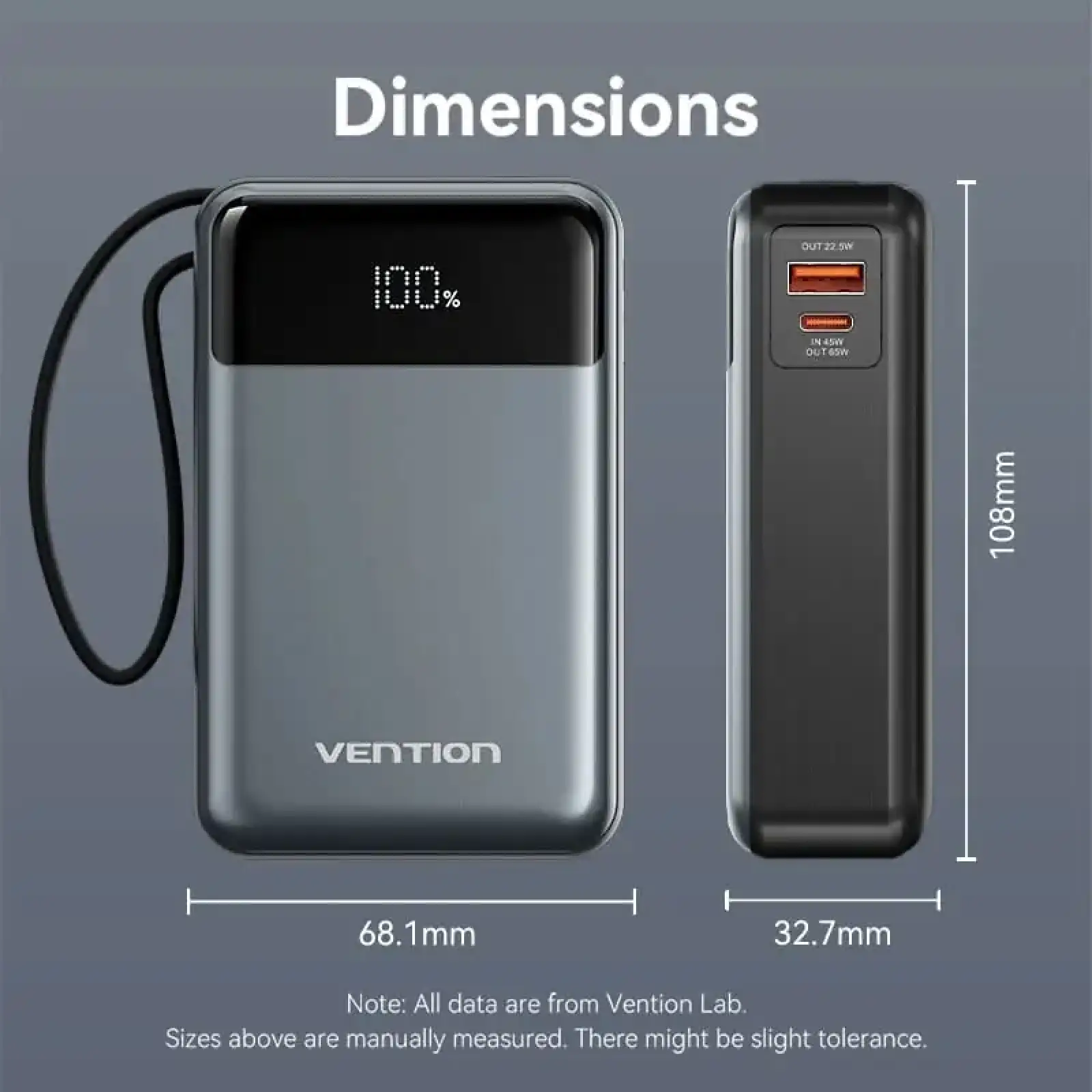 Зовнішній акумулятор Vention 20000mAh 65W PD,QC3.0,USB-A,1хUSB-C In/Out, with Built-in USB-C Cable, LED Display,Black (FHYB0) UA