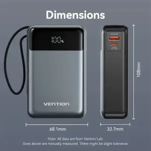 Зовнішній акумулятор Vention 20000mAh 65W PD,QC3.0,USB-A,1хUSB-C In/Out, with Built-in USB-C Cable, LED Display,Black (FHYB0) UA