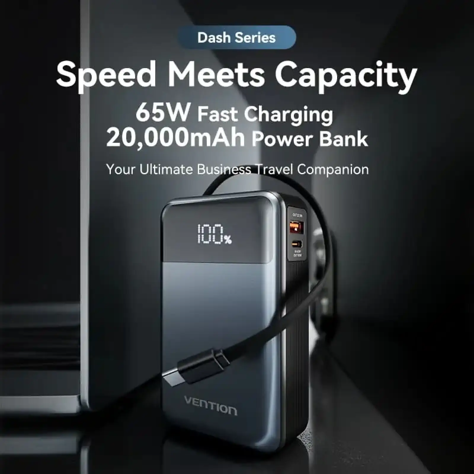 Зовнішній акумулятор Vention 20000mAh 65W PD,QC3.0,USB-A,1хUSB-C In/Out, with Built-in USB-C Cable, LED Display,Black (FHYB0) UA