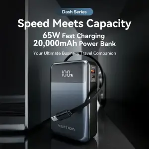 Зовнішній акумулятор Vention 20000mAh 65W PD,QC3.0,USB-A,1хUSB-C In/Out, with Built-in USB-C Cable, LED Display,Black (FHYB0) UA