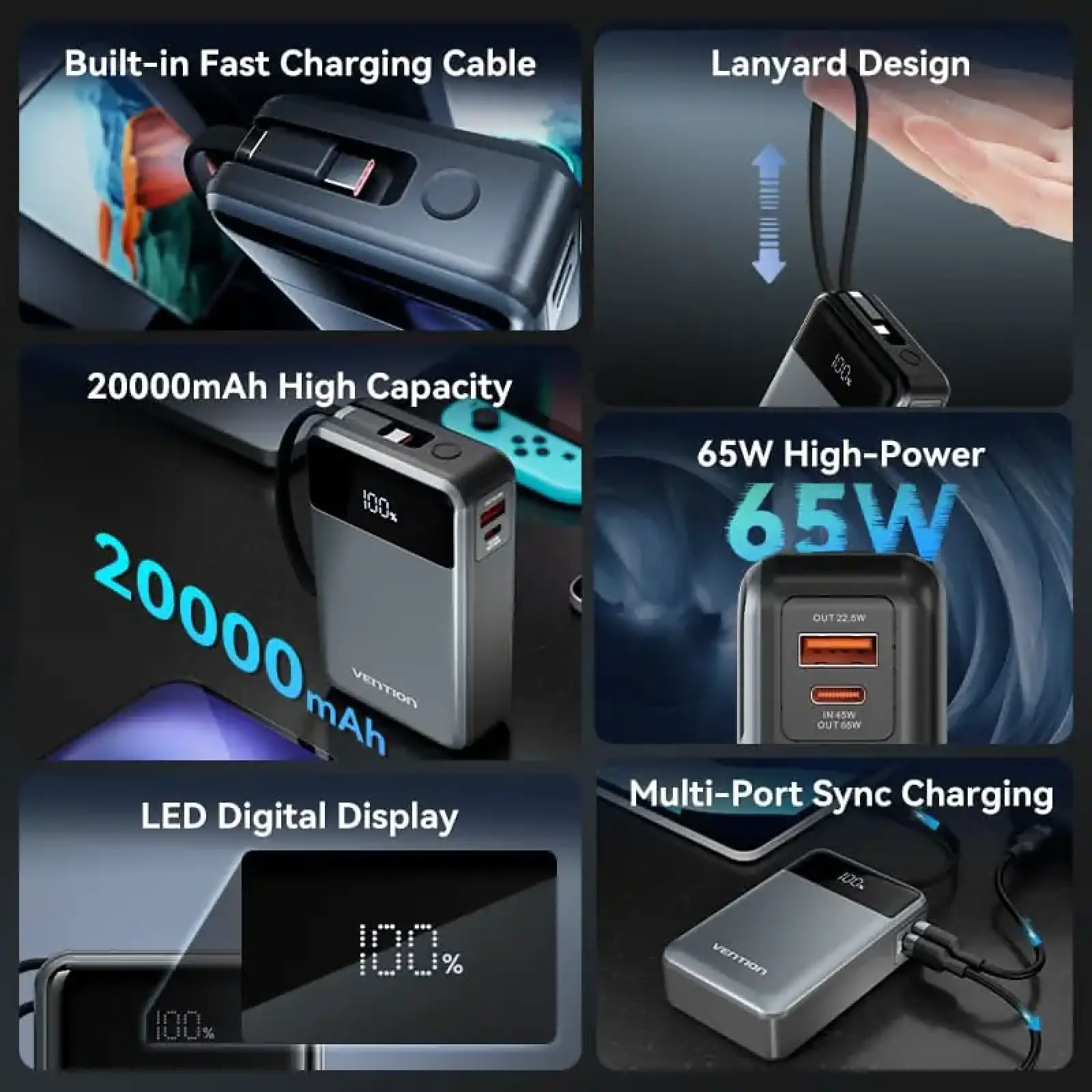 Зовнішній акумулятор Vention 20000mAh 65W PD,QC3.0,USB-A,1хUSB-C In/Out, with Built-in USB-C Cable, LED Display,Black (FHYB0) UA