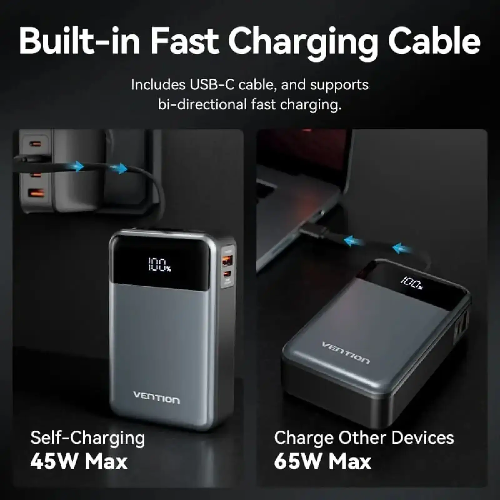 Зовнішній акумулятор Vention 20000mAh 65W PD,QC3.0,USB-A,1хUSB-C In/Out, with Built-in USB-C Cable, LED Display,Black (FHYB0) UA