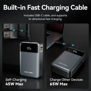 Зовнішній акумулятор Vention 20000mAh 65W PD,QC3.0,USB-A,1хUSB-C In/Out, with Built-in USB-C Cable, LED Display,Black (FHYB0) UA