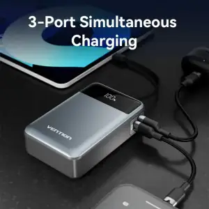 Зовнішній акумулятор Vention 20000mAh 65W PD,QC3.0,USB-A,1хUSB-C In/Out, with Built-in USB-C Cable, LED Display,Black (FHYB0) UA