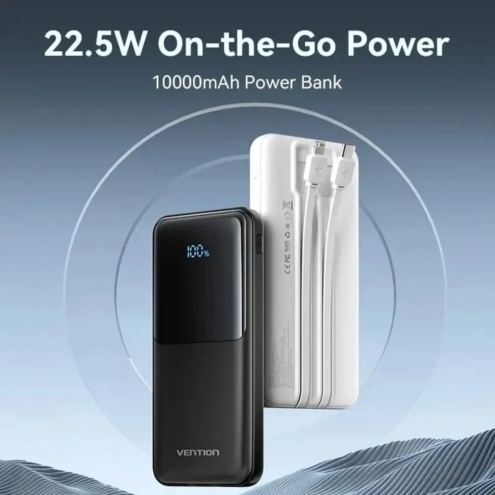 Зовнішній акумулятор Vention 10000mAh 22.5W PD, Micro-USB,USB-C,2xUSB-A,Built-in USB-C+Lightning Cables Black (FHOB0) UA