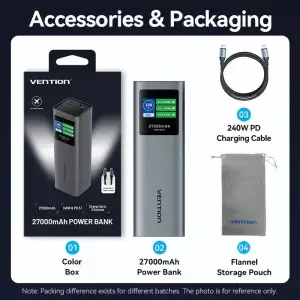 Зовнішній акумулятор Vention 27000mAh 140W PD3.1, USB-A, 2xUSB-C, LED Display, Gray (FKEH0) UA