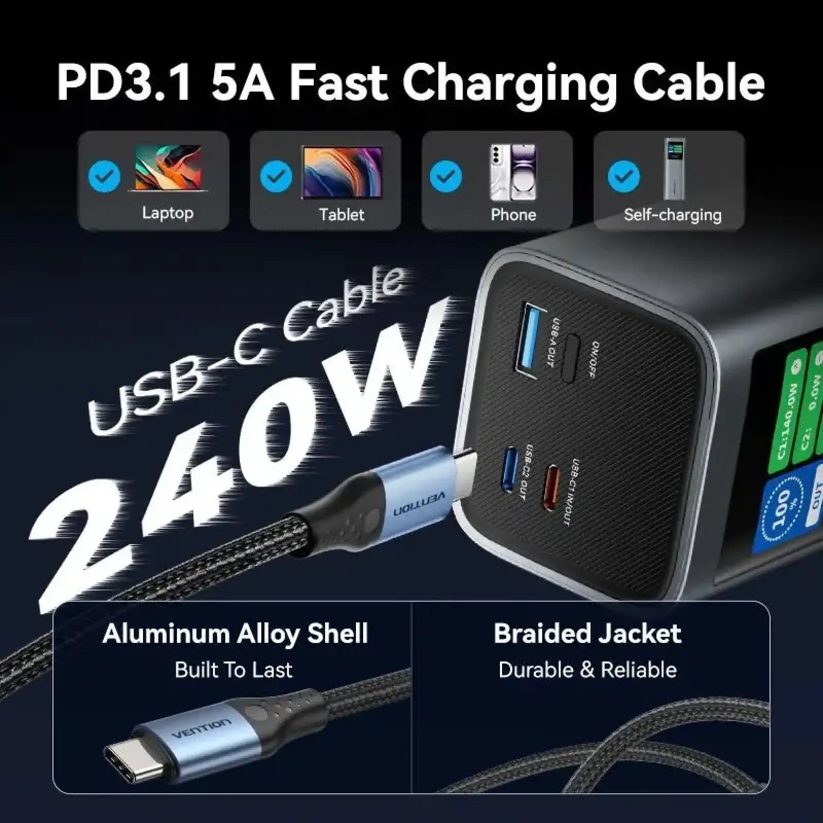 Зовнішній акумулятор Vention 27000mAh 140W PD3.1, USB-A, 2xUSB-C, LED Display, Gray (FKEH0) UA