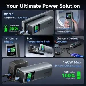 Зовнішній акумулятор Vention 27000mAh 140W PD3.1, USB-A, 2xUSB-C, LED Display, Gray (FKEH0) UA