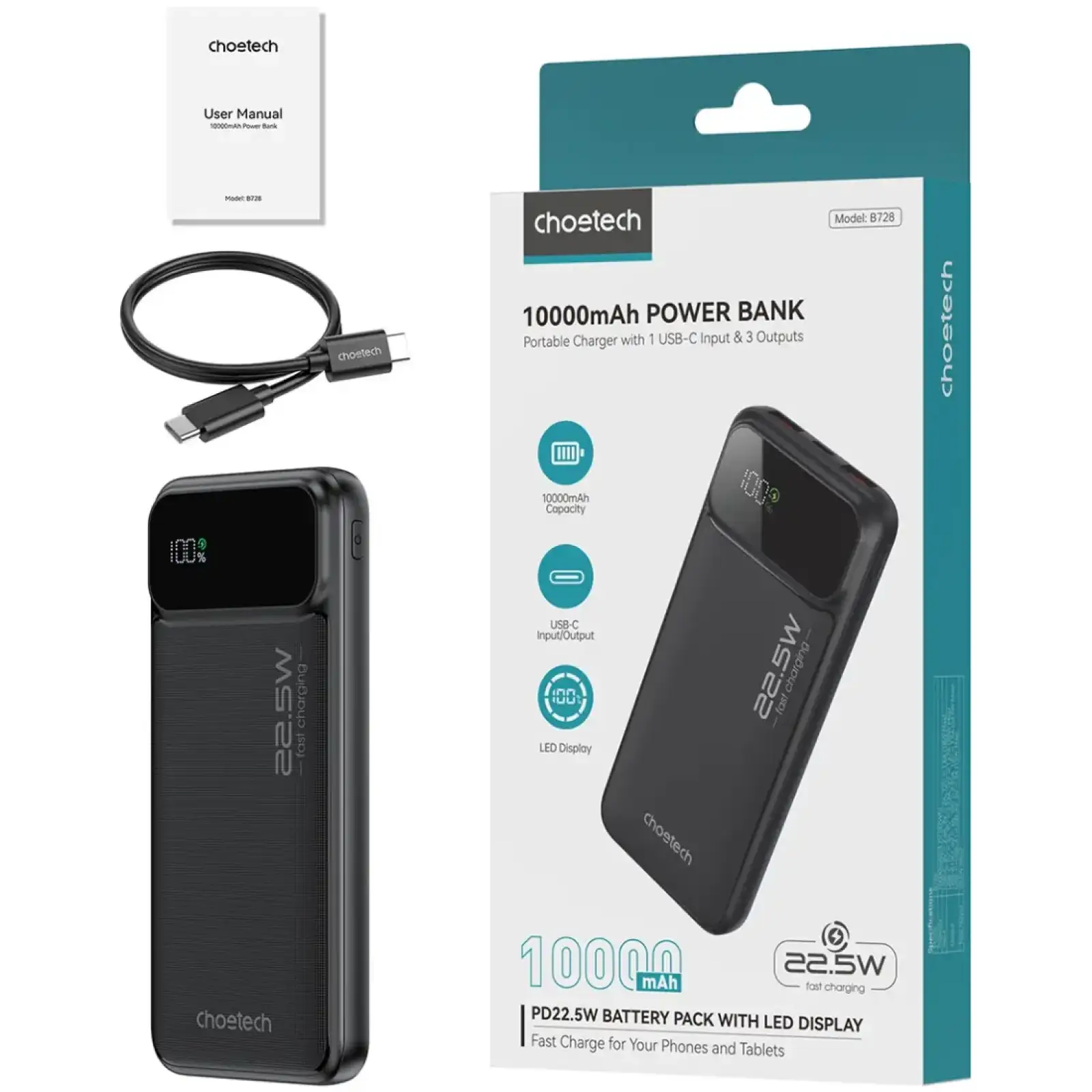 Зовнішній акумулятор Choetech 10000mAh 22.5W PD,QC3.0 2USB-A+USB-C Black (B728-CCBK) UA