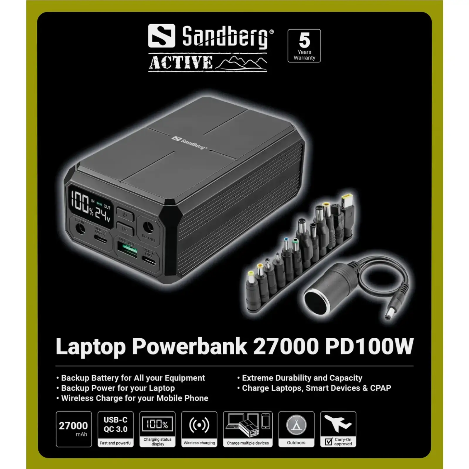 Зовнішній акумулятор Sandberg 27000mAh Laptop DC12–24v 84W,100W PD, QC3.0, USB-A, 2xDC, 2xUSB-C, QI-10W, PowerThru (421-13) UA