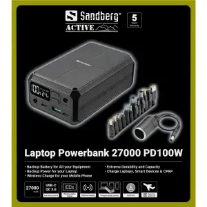 Зовнішній акумулятор Sandberg 27000mAh Laptop DC12–24v 84W,100W PD, QC3.0, USB-A, 2xDC, 2xUSB-C, QI-10W, PowerThru (421-13) UA