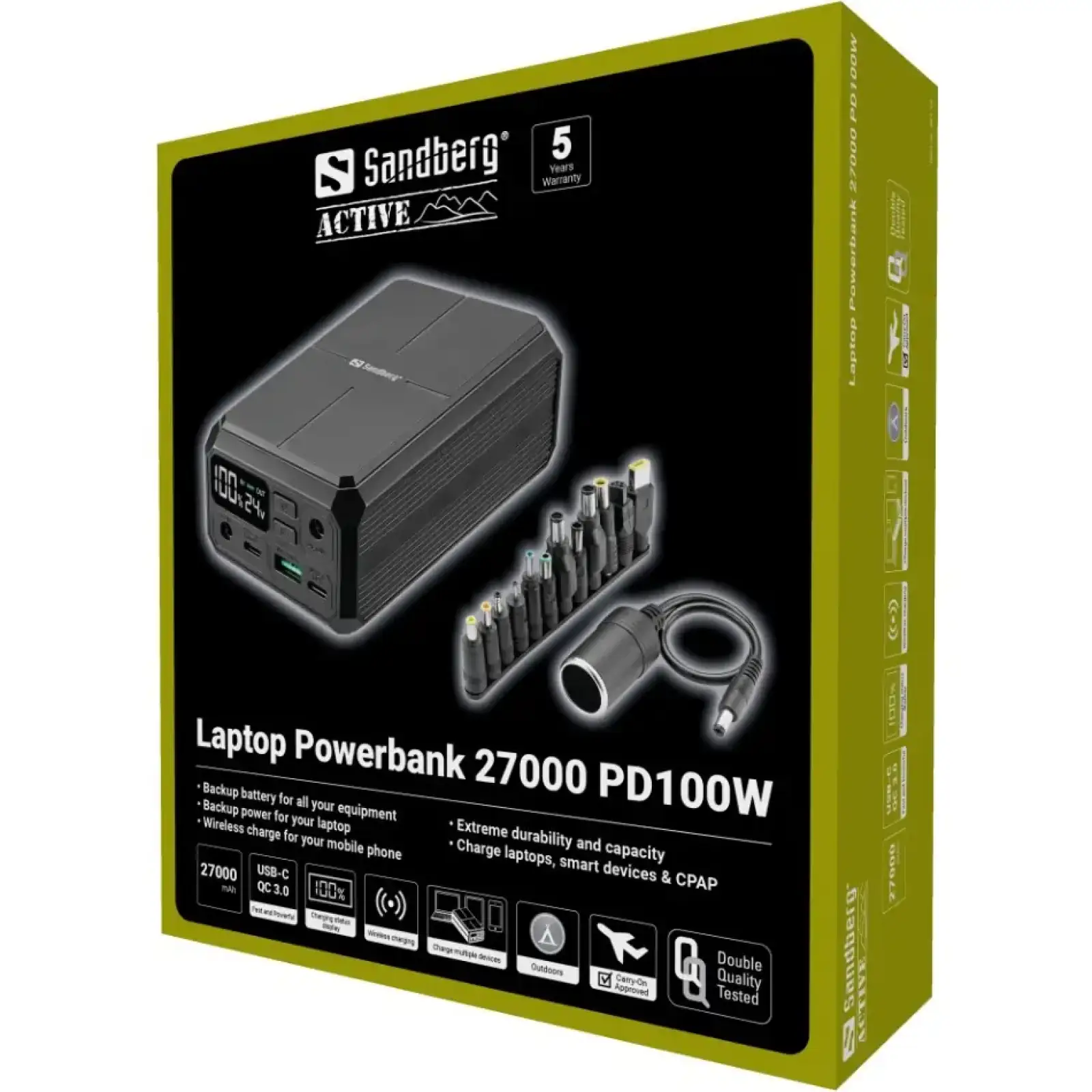 Зовнішній акумулятор Sandberg 27000mAh Laptop DC12–24v 84W,100W PD, QC3.0, USB-A, 2xDC, 2xUSB-C, QI-10W, PowerThru (421-13) UA