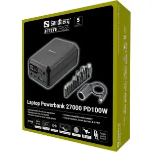Зовнішній акумулятор Sandberg 27000mAh Laptop DC12–24v 84W,100W PD, QC3.0, USB-A, 2xDC, 2xUSB-C, QI-10W, PowerThru (421-13) UA