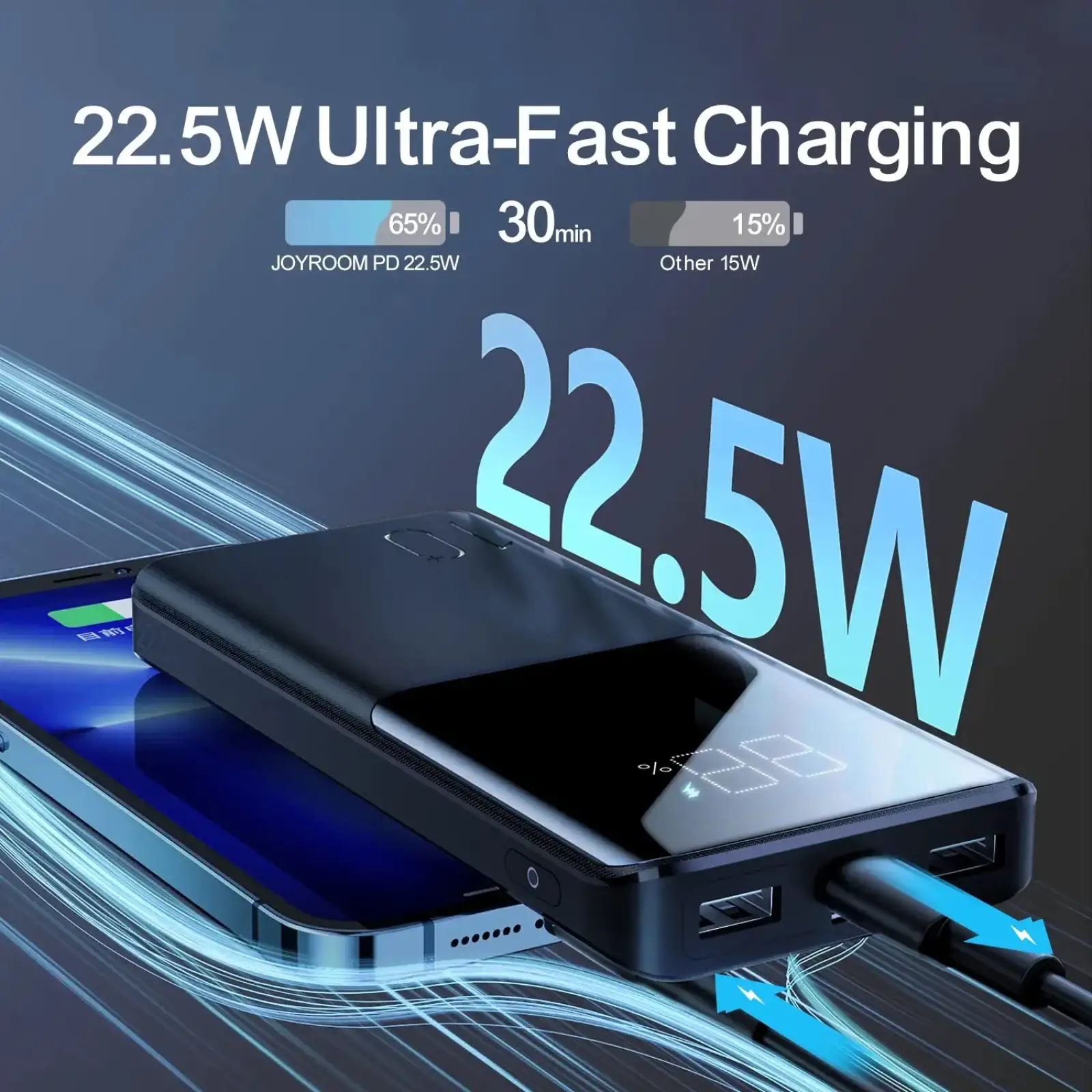 Зовнішній акумулятор Joyroom 10000mAh 22,5W PD,QC3.0, 2xUSB-A, USB-C In/Out, Micro USB in, Black (JR-QP191) UA