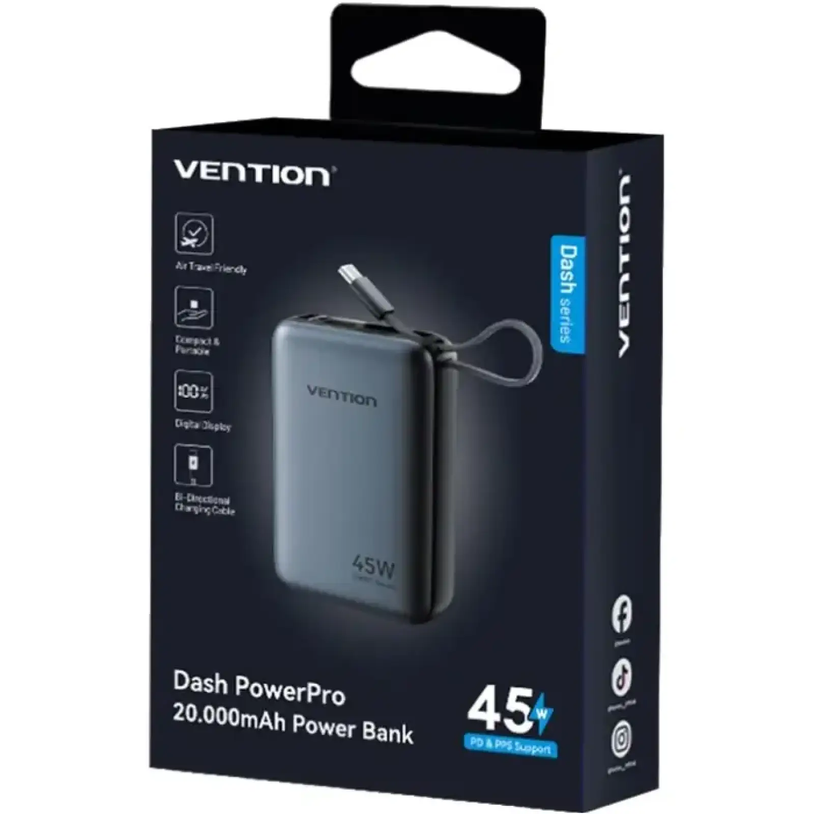 Зовнішній акумулятор Vention 20000mAh 45W PD3.1, USB-A, USB-C In/Out, with Built-in USB-C cable Gray (FHGH0) UA