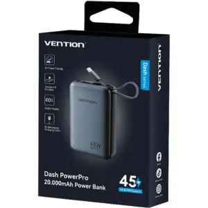 Зовнішній акумулятор Vention 20000mAh 45W PD3.1, USB-A, USB-C In/Out, with Built-in USB-C cable Gray (FHGH0) UA