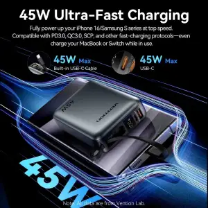 Зовнішній акумулятор Vention 20000mAh 45W PD3.1, USB-A, USB-C In/Out, with Built-in USB-C cable Gray (FHGH0) UA