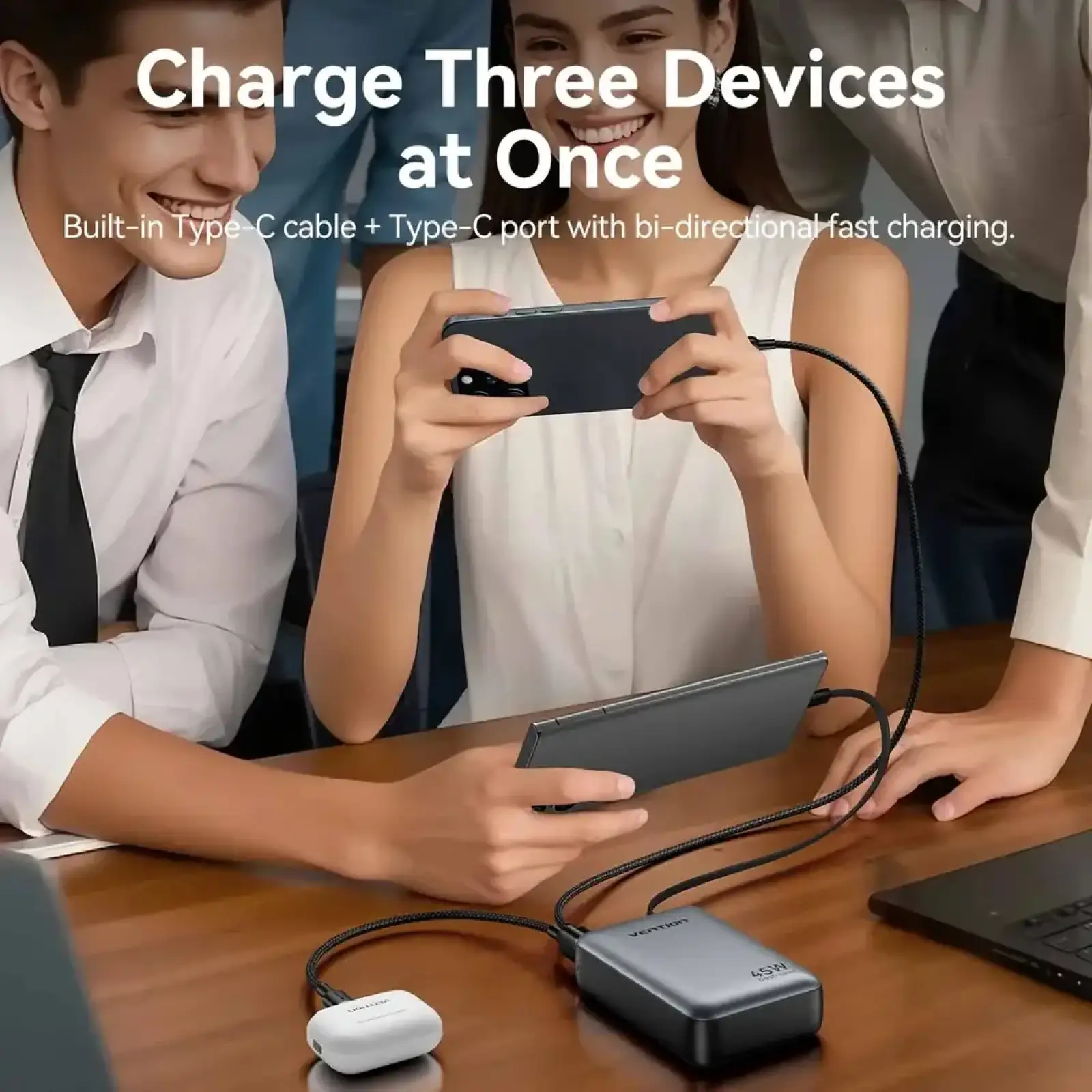 Зовнішній акумулятор Vention 20000mAh 45W PD3.1, USB-A, USB-C In/Out, with Built-in USB-C cable Gray (FHGH0) UA