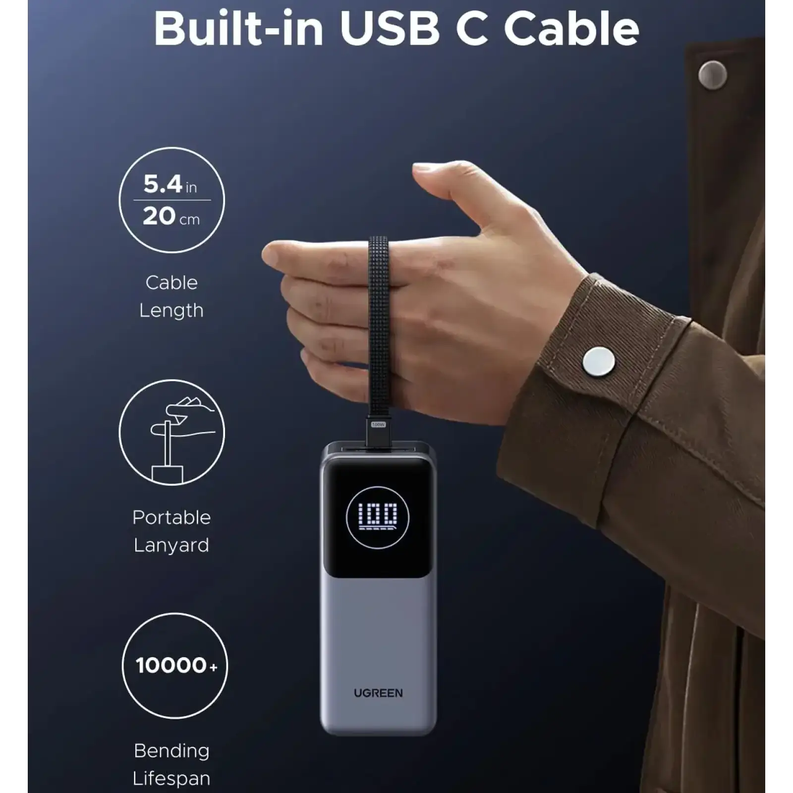 Зовнішній акумулятор Ugreen 20000mAh 130W PD/QC, USB-A, USB-С In/Out with built-in USB-C cable (PB723) Gray (55365B) UA