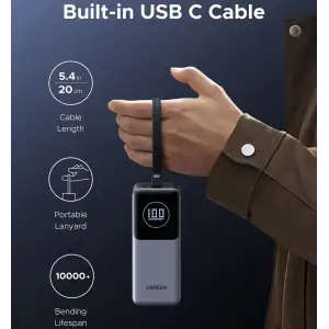 Зовнішній акумулятор Ugreen 20000mAh 130W PD/QC, USB-A, USB-С In/Out with built-in USB-C cable (PB723) Gray (55365B) UA