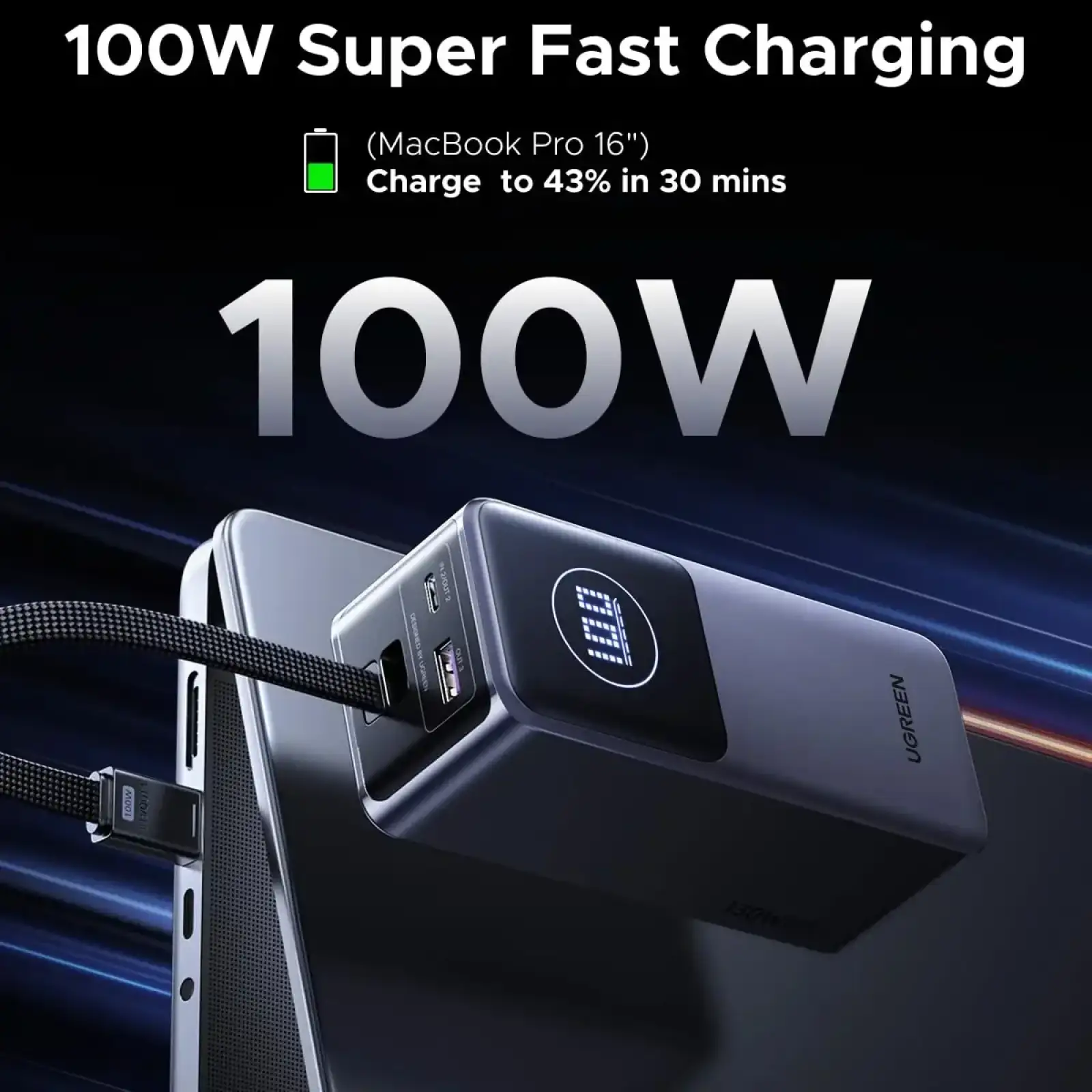 Зовнішній акумулятор Ugreen 20000mAh 130W PD/QC, USB-A, USB-С In/Out with built-in USB-C cable (PB723) Gray (55365B) UA