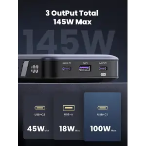 Зовнішній акумулятор Ugreen 25000mAh 145W 2xUSB C+USB A, PD3.0+QC3.0, наскрізне живлення 65Вт (PB205) (90597A) UA