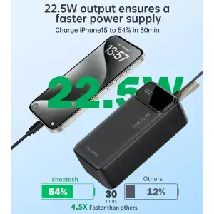 Зовнішній акумулятор Choetech 40000mAh, 22,5W PD QC3.0, USB-C In/out, 2xUSB-A Li-pol чорна (B731-ACBK) UA