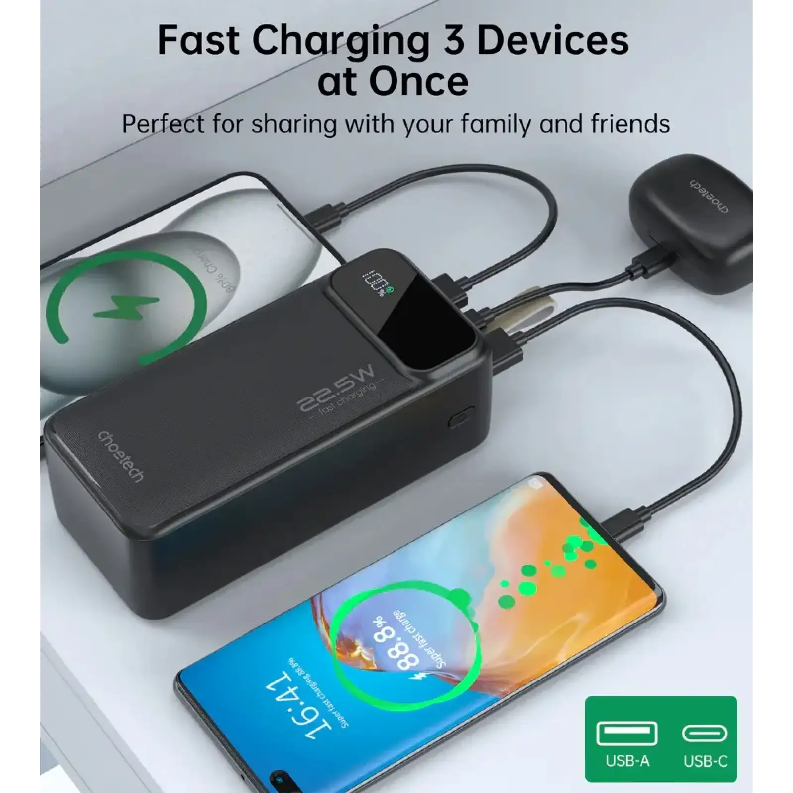 Зовнішній акумулятор Choetech 40000mAh, 22,5W PD QC3.0, USB-C In/out, 2xUSB-A Li-pol чорна (B731-ACBK) UA