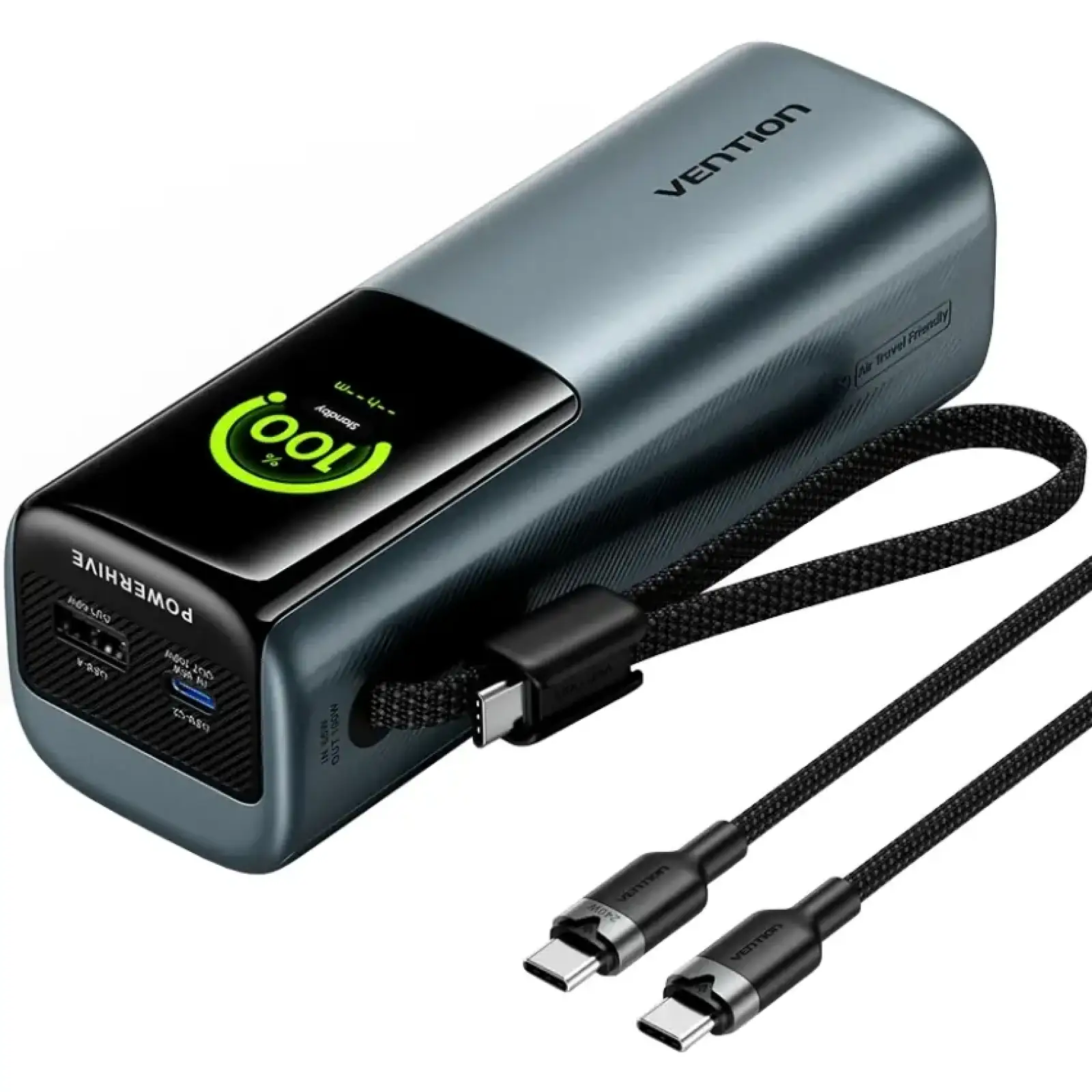Зовнішній акумулятор Vention 20000mAh 165W PD3.1, USB-A, USB-C In/Out, with Built-in USB-C cable, TFT Display, Gray (FKFH0) UA