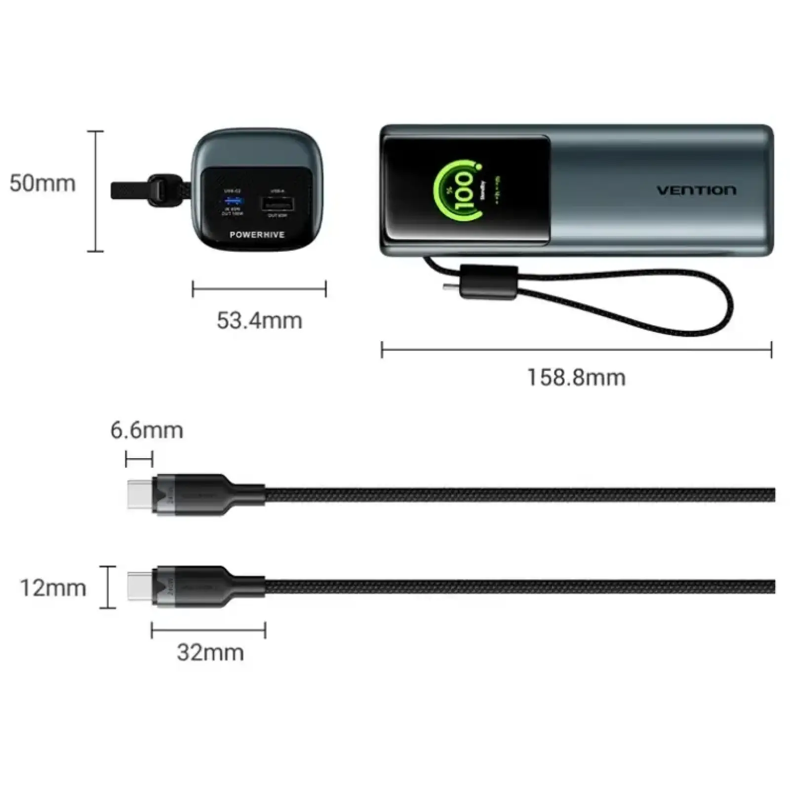 Зовнішній акумулятор Vention 20000mAh 165W PD3.1, USB-A, USB-C In/Out, with Built-in USB-C cable, TFT Display, Gray (FKFH0) UA