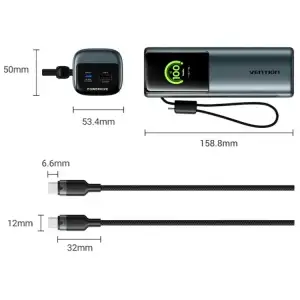 Зовнішній акумулятор Vention 20000mAh 165W PD3.1, USB-A, USB-C In/Out, with Built-in USB-C cable, TFT Display, Gray (FKFH0) UA
