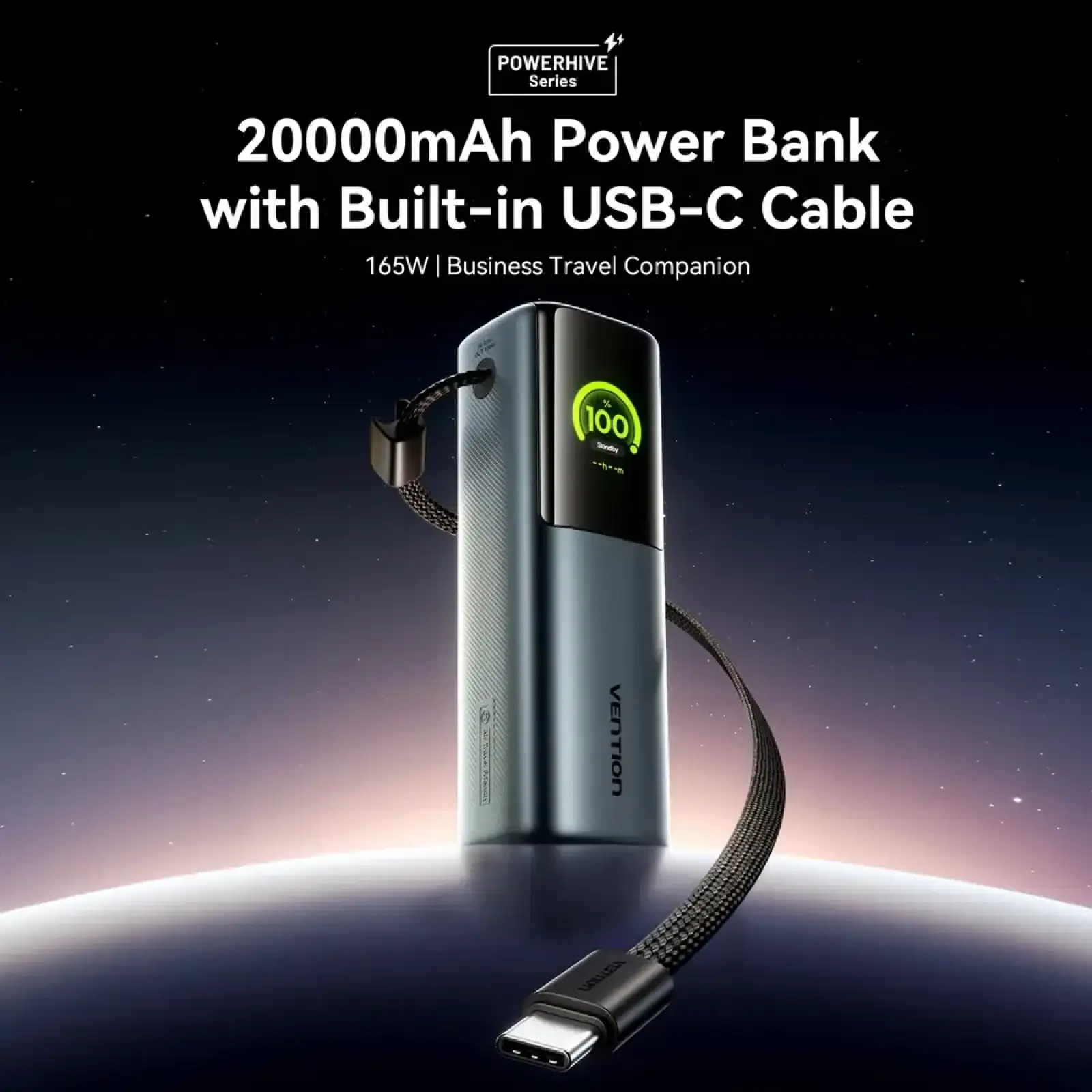 Зовнішній акумулятор Vention 20000mAh 165W PD3.1, USB-A, USB-C In/Out, with Built-in USB-C cable, TFT Display, Gray (FKFH0) UA