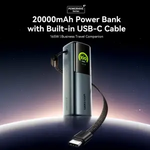 Зовнішній акумулятор Vention 20000mAh 165W PD3.1, USB-A, USB-C In/Out, with Built-in USB-C cable, TFT Display, Gray (FKFH0) UA