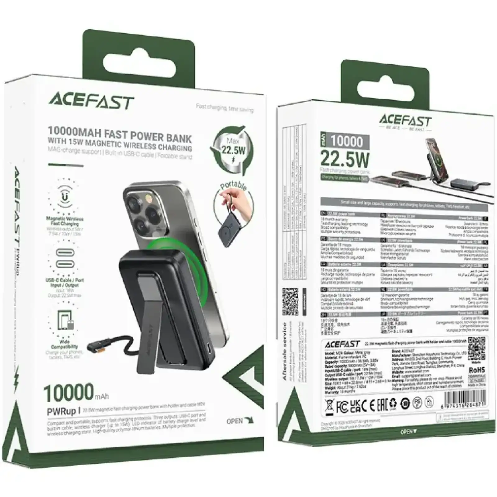 Зовнішній акумулятор Acefast Magnetic Wireless 10000mAh 22.5W PD,QC 3.0 USB-C In/Out, QI 15W M24 Metal Gray (6974316284871) UA
