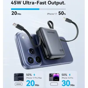 Зовнішній акумулятор Vention 10000mAh 45W PD, QC3.0 USB-C In/Out, with Built-in USB-C and Lightning Cables Gray (FKMH0) UA
