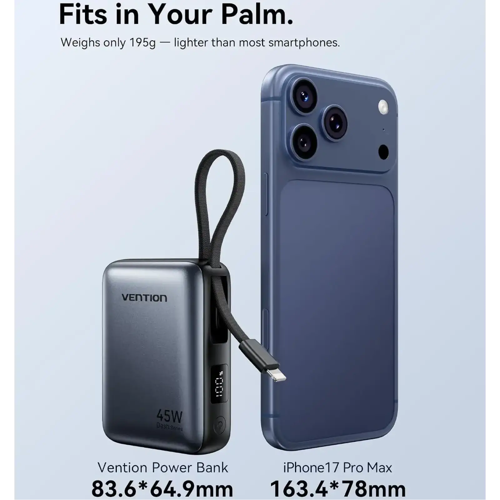 Зовнішній акумулятор Vention 10000mAh 45W PD, QC3.0 USB-C In/Out, with Built-in USB-C and Lightning Cables Gray (FKMH0) UA