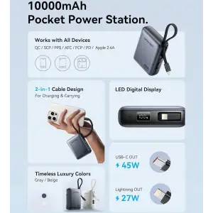 Зовнішній акумулятор Vention 10000mAh 45W PD, QC3.0 USB-C In/Out, with Built-in USB-C and Lightning Cables Gray (FKMH0) UA