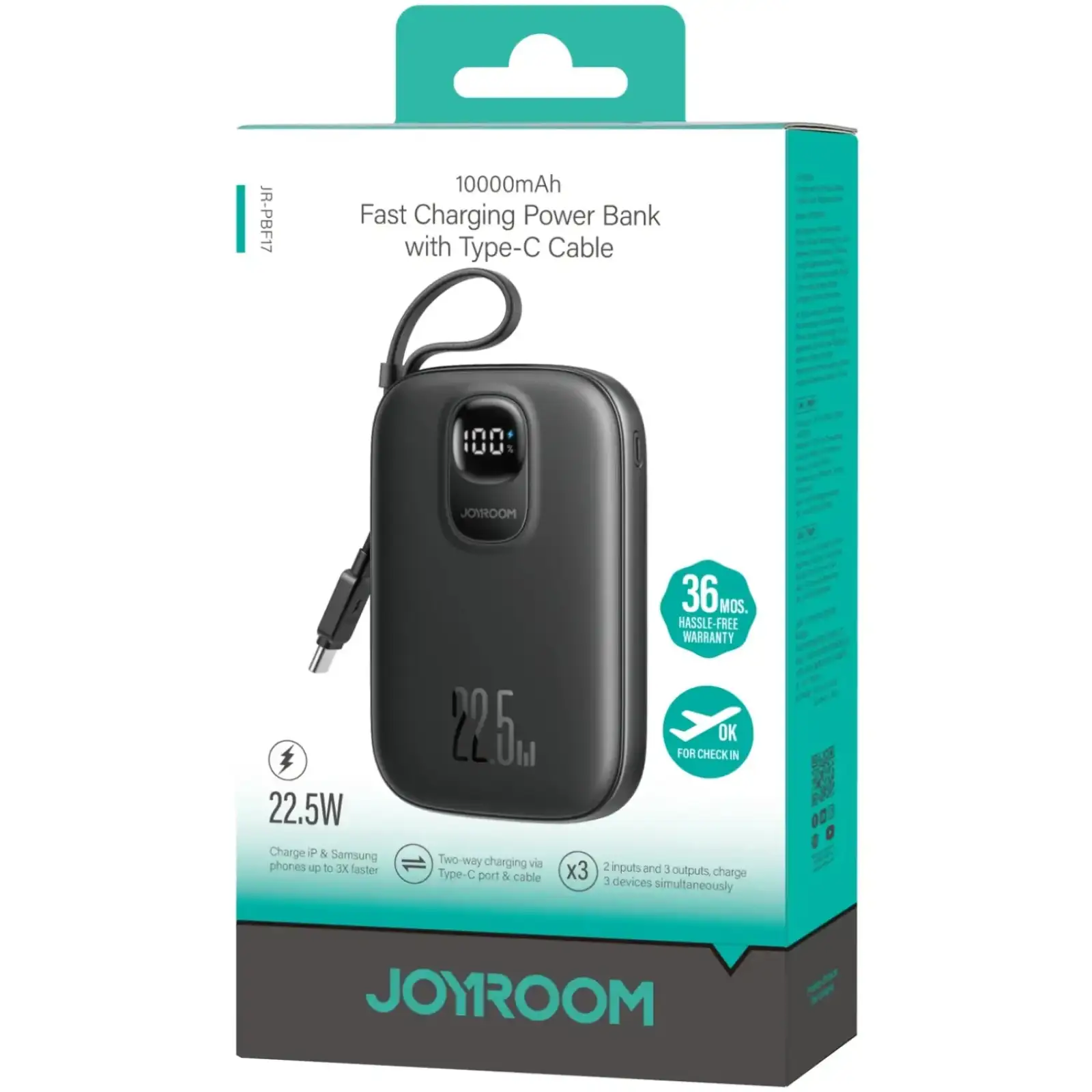 Зовнішній акумулятор Joyroom 10000mAh 22,5W PD,QC, USB-A, USB-C In/Out with built-in USB-C cable Black (JR-PBF17) UA