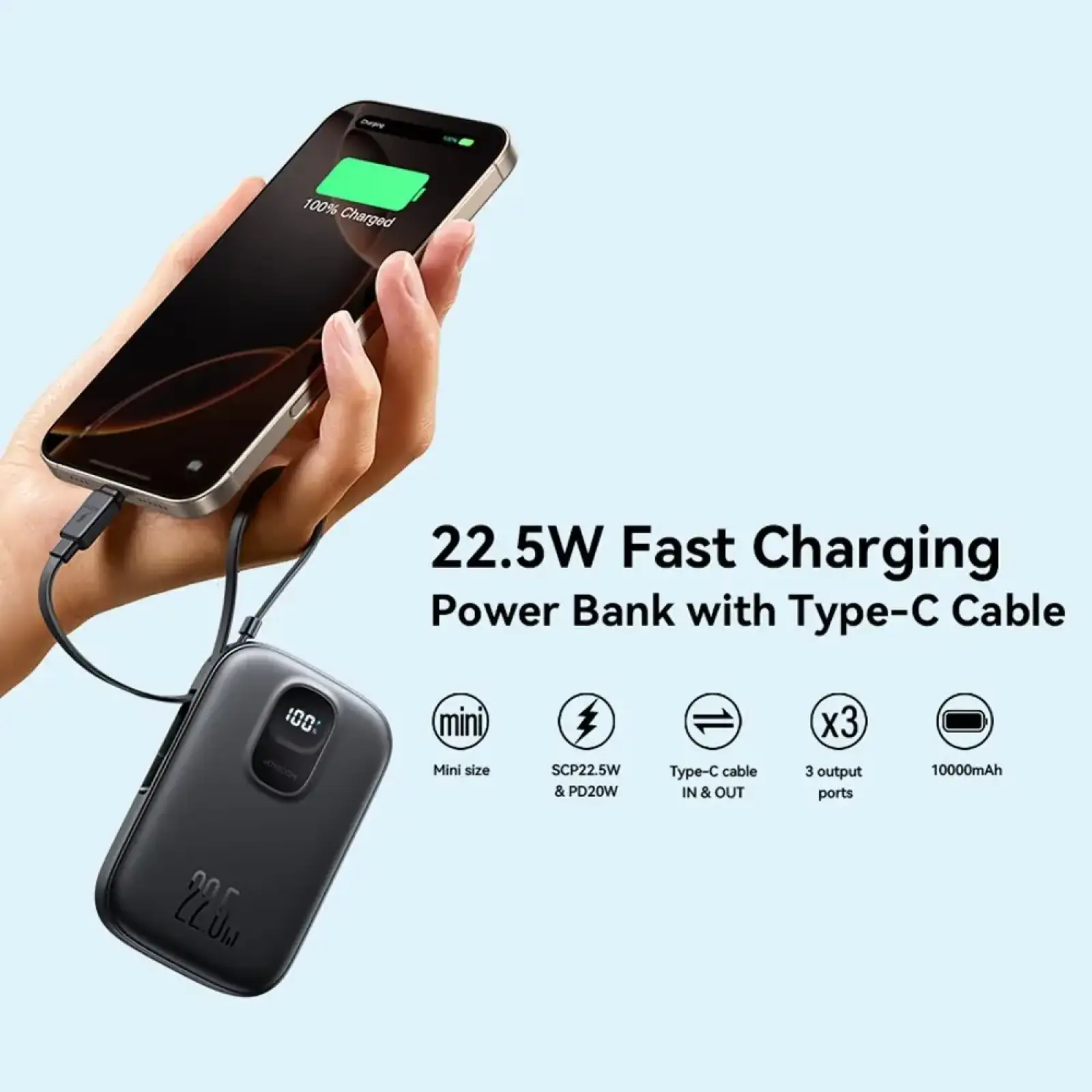 Зовнішній акумулятор Joyroom 10000mAh 22,5W PD,QC, USB-A, USB-C In/Out with built-in USB-C cable Black (JR-PBF17) UA