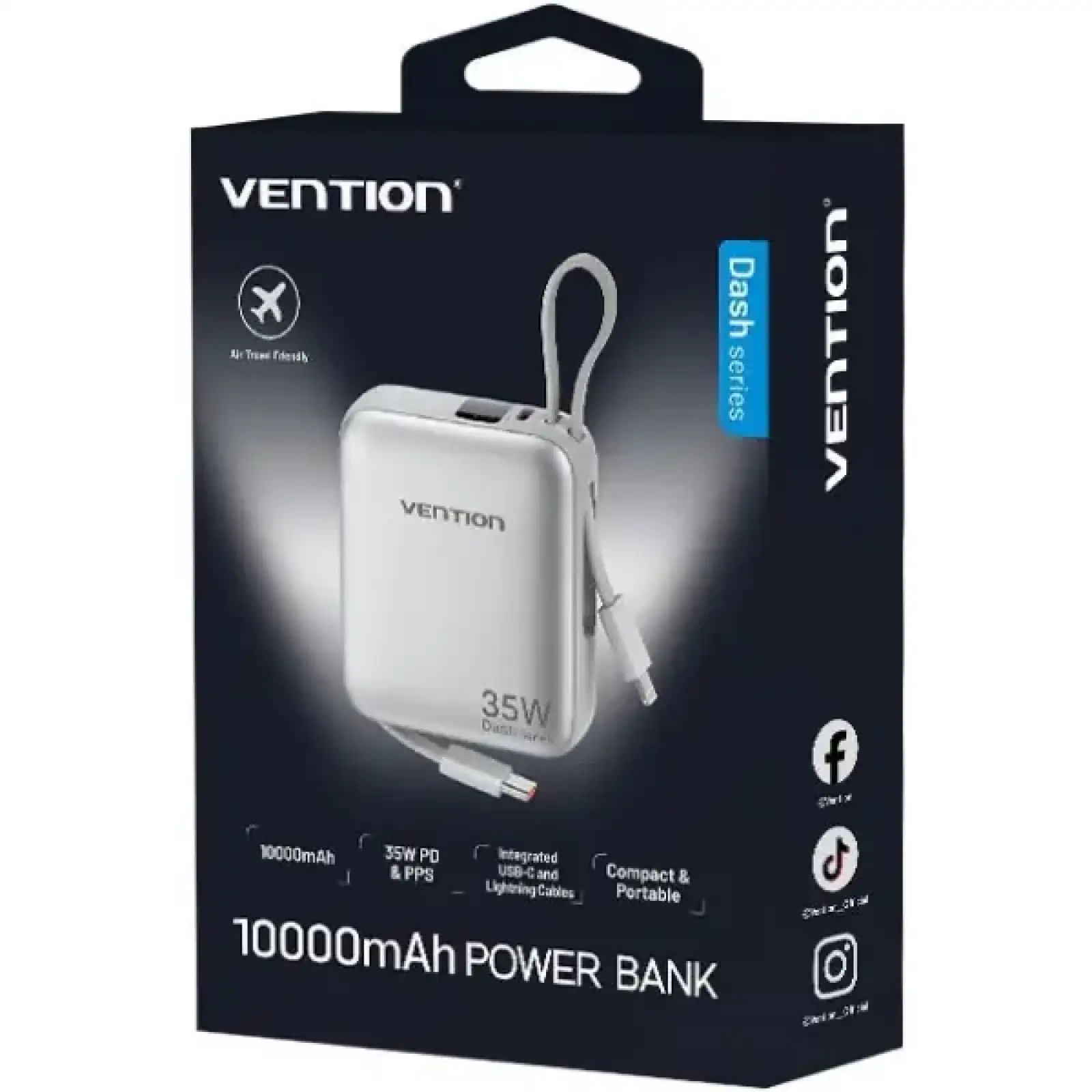 Зовнішній акумулятор Vention 10000mAh 35W PD, USB-C In/Out, built-in USB-C, Lightning Cables, LED Display, Beige (FHFN0) UA