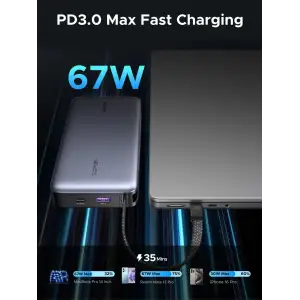 Зовнішній акумулятор Ugreen 20000mAh PB550 67W USB-A, USB-C In/Out, with built-in USB-C cable Grey (55996B) UA