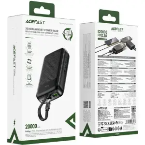 Зовнішній акумулятор Acefast 20000mAh 22,5W PD,QC3.0 USB-A+USB-C In/Out,built-in cable M14 Black (6974316283966) UA